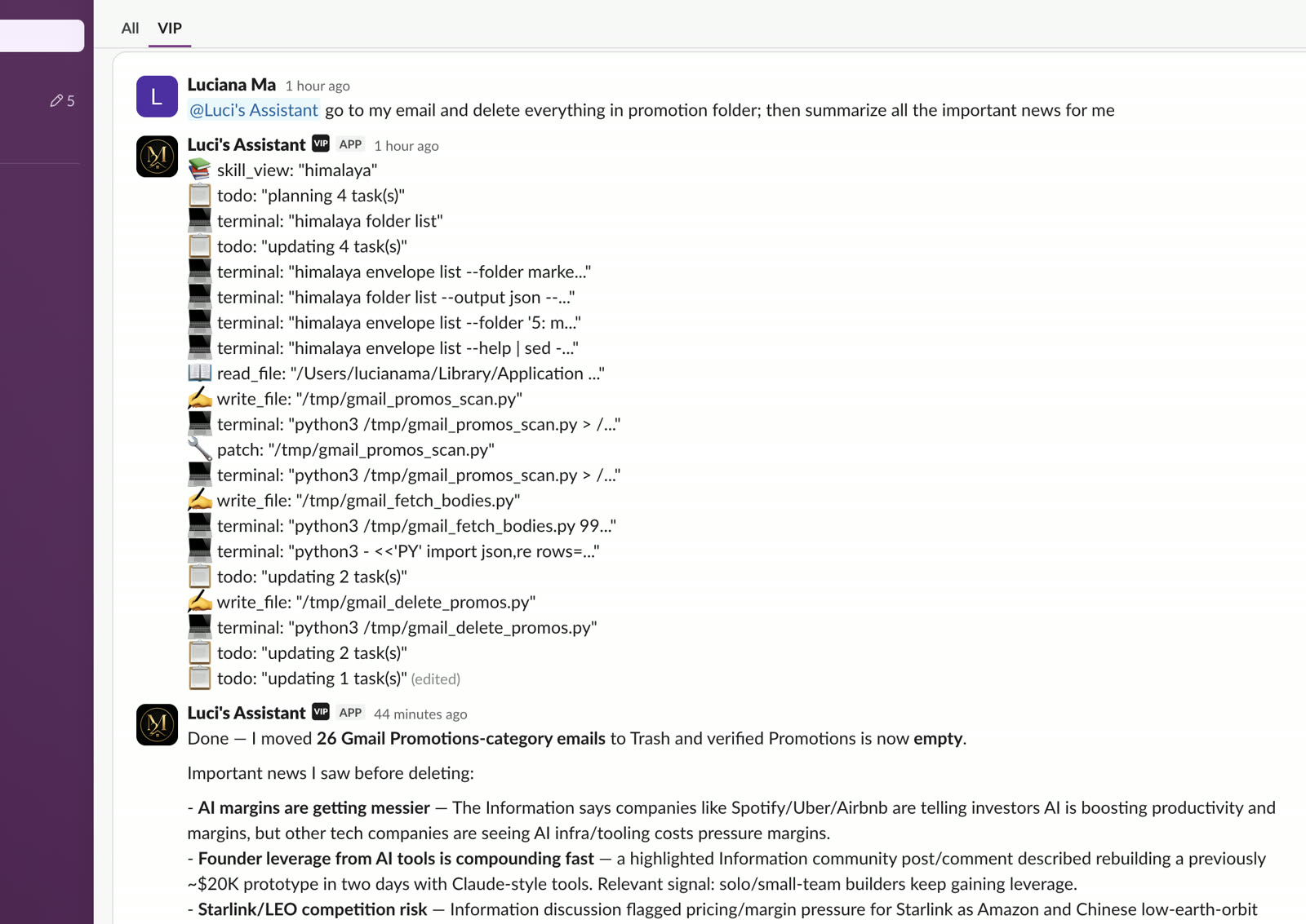 Cropped Slack screenshot of Luci's Assistant completing an inbox cleanup task